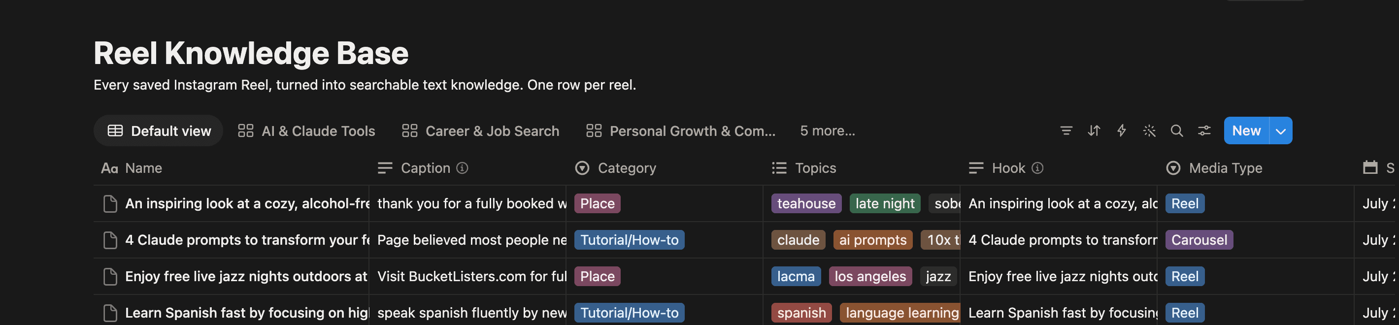 Knowledge base, table view